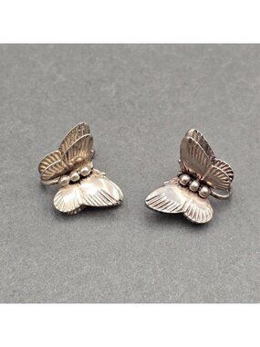 Vintage Sterling Silver Butterfly Earrings 3D Double Wing 1940s Screw Back